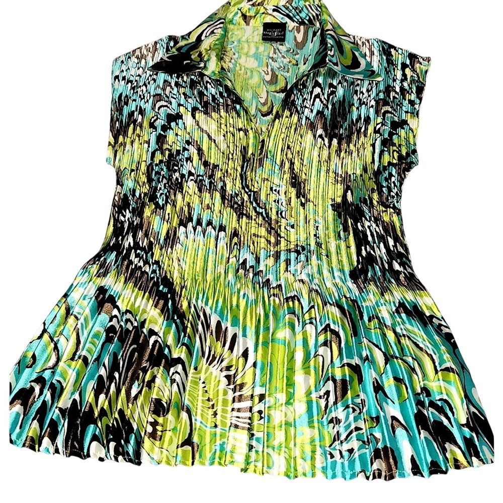 Magic Scarf Mini Pleats Top‎ Abstract Print Short Sleeve Collared Shirt One Size